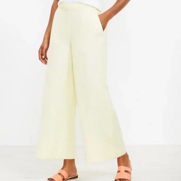 Yellow White Striped LOFT Linen Blend Wide Leg Cropped Pants - Picture 1 of 6